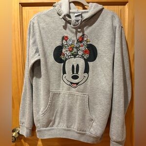 DISNEY Minnie Mouse Heather Gray Embroidered Flowers Bow Hoodie  women’s size L